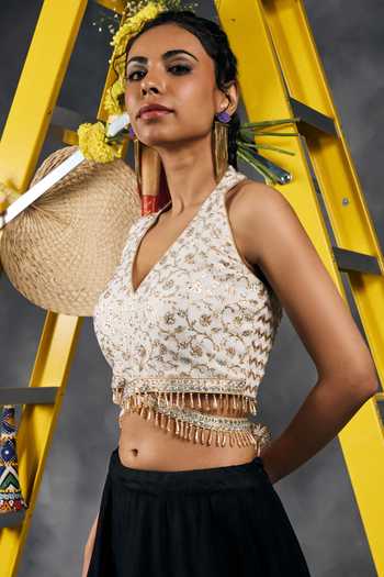 Shop Vandana Sethi Ivory Chanderi V-, Halter Zari Embroidered Blouse Online at Aza Fashions Shop_Vandana Sethi_Ivory Chanderi V-, Halter Zari Embroidered Blouse _Online_at_Aza_Fashions