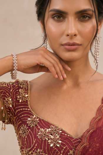 Shreeka Wine Georgette, Crepe Sweetheart Pre-draped Ruffle Saree With Embroidered Blouse Online at Aza Fashions Shreeka_Wine Georgette, Crepe Sweetheart Pre-draped Ruffle Saree With Embroidered Blouse _Online_at_Aza_Fashions