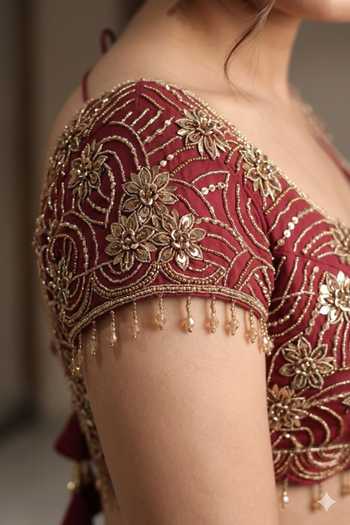 Buy Shreeka Wine Georgette, Crepe Sweetheart Pre-draped Ruffle Saree With Embroidered Blouse Online at Aza Fashions Buy_Shreeka_Wine Georgette, Crepe Sweetheart Pre-draped Ruffle Saree With Embroidered Blouse _Online_at_Aza_Fashions