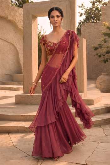 Shreeka Pre-Draped Ruffle Saree With Embroidered Blouse 