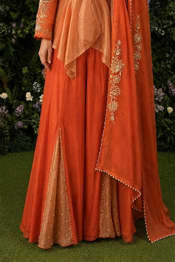 Shreeka_Orange Silk, Organza, Crepe, Tissue V-neck Embroidered Peplum Top Sharara Set _Online_at_Aza_Fashions