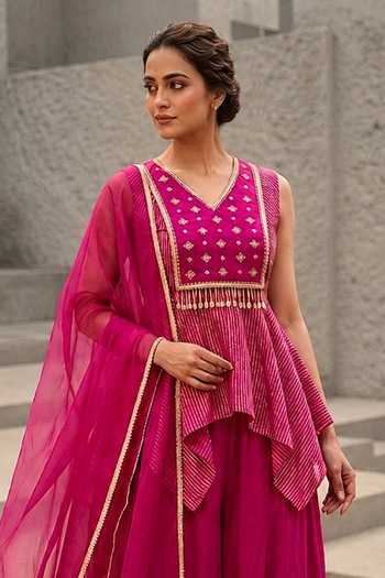 Shreeka_Magenta Organza, Crepe, Tissue V-neck Embroidered Peplum Top Sharara Set _Online_at_Aza_Fashions