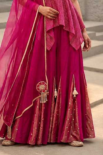 Buy_Shreeka_Magenta Organza, Crepe, Tissue V-neck Embroidered Peplum Top Sharara Set _Online_at_Aza_Fashions