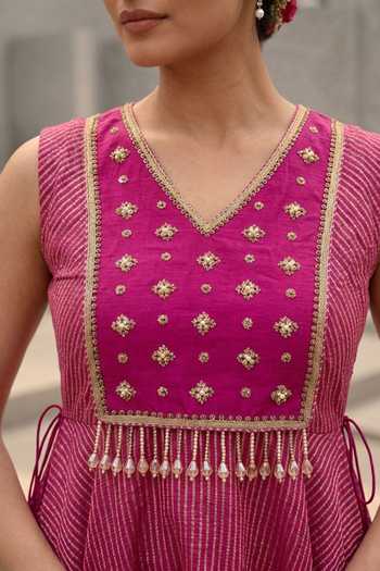 Shop_Shreeka_Magenta Organza, Crepe, Tissue V-neck Embroidered Peplum Top Sharara Set _Online_at_Aza_Fashions