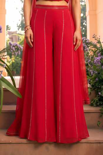 Shreeka Red Organza, Georgette Square Neck 3d Floral Embroiered Waistcoat Sharara Set Online at Aza Fashions Shreeka_Red Organza, Georgette Square Neck 3d Floral Embroiered Waistcoat Sharara Set _Online_at_Aza_Fashions
