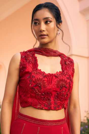 Shop Shreeka Red Organza, Georgette Square Neck 3d Floral Embroiered Waistcoat Sharara Set Online at Aza Fashions Shop_Shreeka_Red Organza, Georgette Square Neck 3d Floral Embroiered Waistcoat Sharara Set _Online_at_Aza_Fashions