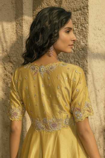 Shreeka_Yellow Cotton, Satin, Viscose, Floral Hand Embroidered Peplum Top And Pant Set _Online_at_Aza_Fashions