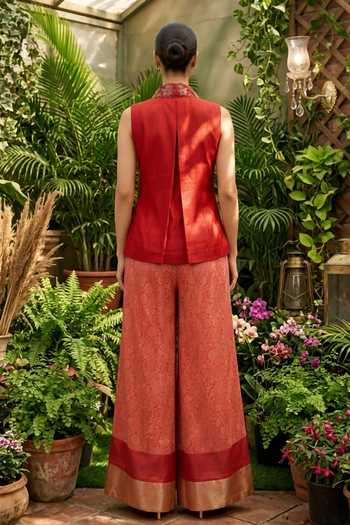 Shop Shreeka Orange Silk, Cotton, Organza Open Neck, Floral Embroidered Jacket Pant Set at Aza Fashions Shop_Shreeka_Orange Silk, Cotton, Organza Open Neck, Floral Embroidered Jacket Pant Set _at_Aza_Fashions