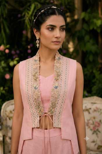 Buy_Shreeka_Pink Silk, Cotton, Organza Open Neck, Zardozi Embroidered Jacket Pant Set _Online_at_Aza_Fashions