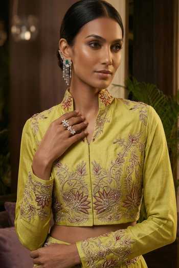 Buy_Shreeka_Green Silk, Organza, Georgette Embroidered Cropped Bolero Jacket And Skirt Set _Online_at_Aza_Fashions