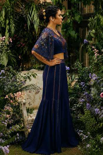 Shreeka Blue Organza, Satin V-neck Embroidered Blouse And Sharara Set Online at Aza Fashions Shreeka_Blue Organza, Satin V-neck Embroidered Blouse And Sharara Set _Online_at_Aza_Fashions