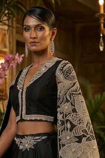 Shreeka Black Crepe, Satin, Twill V-neck Embroidered Cropped Jacket And Draped Skirt Set Online at Aza Fashions Shreeka_Black Crepe, Satin, Twill V-neck Embroidered Cropped Jacket And Draped Skirt Set _Online_at_Aza_Fashions