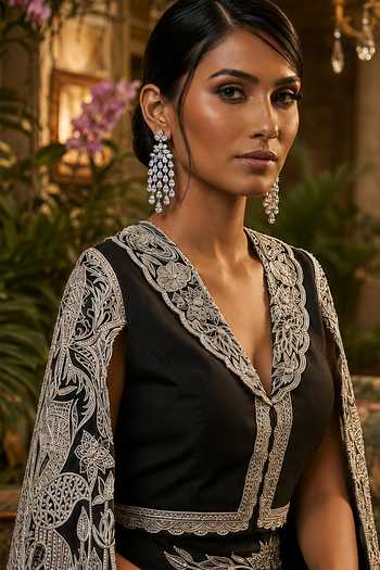Buy Shreeka Black Crepe, Satin, Twill V-neck Embroidered Cropped Jacket And Draped Skirt Set Online at Aza Fashions Buy_Shreeka_Black Crepe, Satin, Twill V-neck Embroidered Cropped Jacket And Draped Skirt Set _Online_at_Aza_Fashions