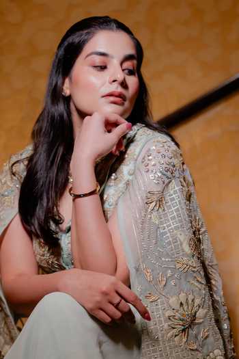 Shreeka_Green Organza, Georgette Collared Floral Embroidered Jacket And Draped Skirt Set _Online_at_Aza_Fashions
