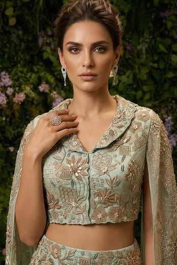 Buy_Shreeka_Green Organza, Georgette Collared Floral Embroidered Jacket And Draped Skirt Set _Online_at_Aza_Fashions
