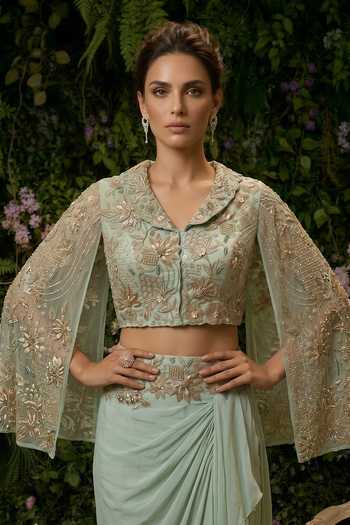 Shop_Shreeka_Green Organza, Georgette Collared Floral Embroidered Jacket And Draped Skirt Set _Online_at_Aza_Fashions