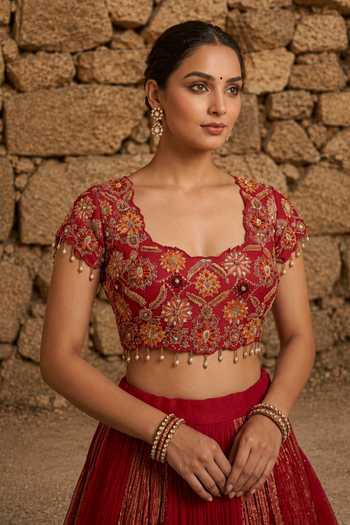 Shreeka_Red Georgette, Chanderi, Tissue Sweetheart Neck Zari Embroidered Lehenga Set _Online_at_Aza_Fashions