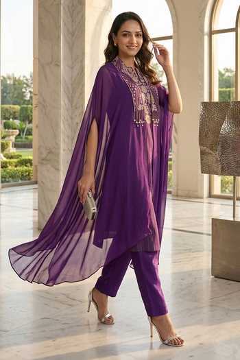Buy Shreeka Purple Organza, Chanderi Shawl Neck, Split Embroidered Cape And Kurta Set Online at Aza Fashions Buy_Shreeka_Purple Organza, Chanderi Shawl Neck, Split Embroidered Cape And Kurta Set _Online_at_Aza_Fashions