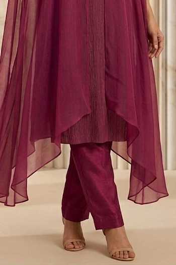 Buy_Shreeka_Wine Organza, Chanderi Mandarin Collar, Split Dabka Embroidered Cape And Kurta Set _Online_at_Aza_Fashions