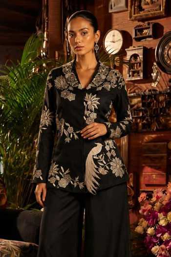 Shreeka Black Satin, Organza, Crepe Embroidery, Sequins, Zari, Cut Jacket And Palazzo Set Online at Aza Fashions Shreeka_Black Satin, Organza, Crepe Embroidery, Sequins, Zari, Cut Jacket And Palazzo Set _Online_at_Aza_Fashions