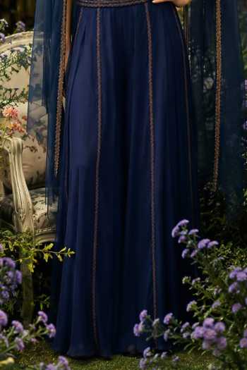 Shreeka_Blue Georgette, Crepe, Satin, Net V-neck Embroidered Waistcoat And Sharara Set _Online_at_Aza_Fashions