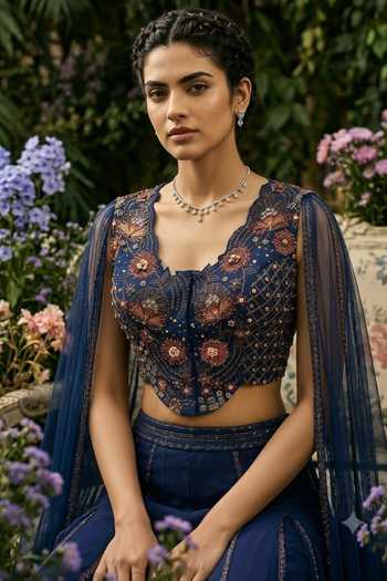 Buy_Shreeka_Blue Georgette, Crepe, Satin, Net V-neck Embroidered Waistcoat And Sharara Set _Online_at_Aza_Fashions