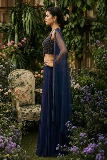 Shop_Shreeka_Blue Georgette, Crepe, Satin, Net V-neck Embroidered Waistcoat And Sharara Set _Online_at_Aza_Fashions