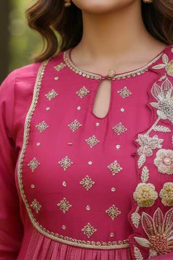 Shreeka Pink Cotton, Organza, Chanderi Round Neck, Keyhole Aari Embroidered Anarkali Set Online at Aza Fashions Shreeka_Pink Cotton, Organza, Chanderi Round Neck, Keyhole Aari Embroidered Anarkali Set _Online_at_Aza_Fashions