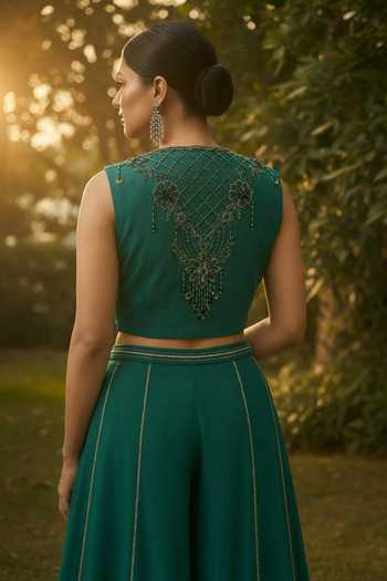 Shreeka Emerald Green Organza, Georgette, Crepe Scoop Embroidered Waistcoat Sharara Set Online at Aza Fashions Shreeka_Emerald Green Organza, Georgette, Crepe Scoop Embroidered Waistcoat Sharara Set _Online_at_Aza_Fashions