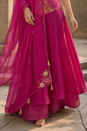 Shreeka_Magenta Cotton, Organza, Satin V-neck Cutdana Embroidered Peplum Top Sharara Set _Online_at_Aza_Fashions