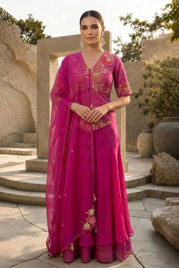 Buy_Shreeka_Magenta Cotton, Organza, Satin V-neck Cutdana Embroidered Peplum Top Sharara Set _Online_at_Aza_Fashions
