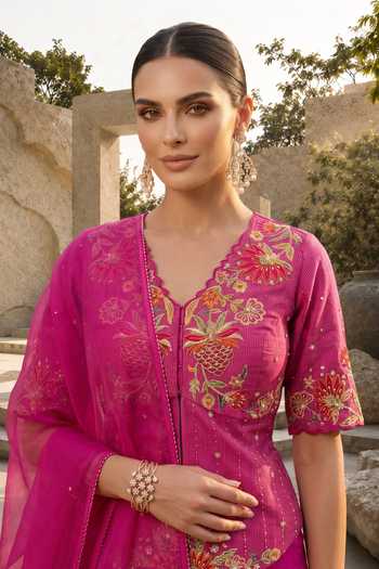 Shop_Shreeka_Magenta Cotton, Organza, Satin V-neck Cutdana Embroidered Peplum Top Sharara Set _Online_at_Aza_Fashions