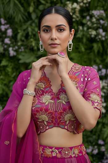 Shreeka Pink Organza, Chanderi, Crepe, Tissue Floral Embroidered Blouse Lehenga Set Online at Aza Fashions Shreeka_Pink Organza, Chanderi, Crepe, Tissue Floral Embroidered Blouse Lehenga Set _Online_at_Aza_Fashions