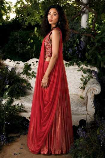 Shreeka_Orange Chanderi, Crepe, Tissue V-neck Embroidered Waistcoat And Skirt Set _Online_at_Aza_Fashions
