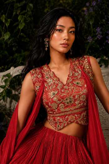 Buy_Shreeka_Orange Chanderi, Crepe, Tissue V-neck Embroidered Waistcoat And Skirt Set _Online_at_Aza_Fashions