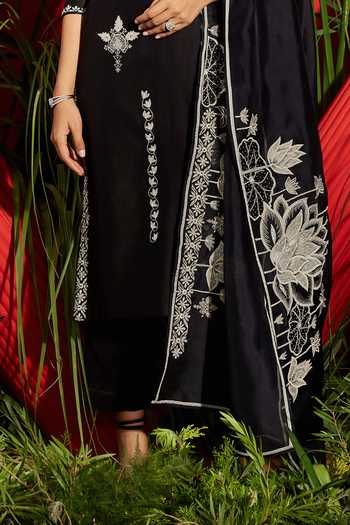 Buy_Shreeka_Black Organza, Chanderi Silk Round Neck Placement Embroidered Kurta Set _Online_at_Aza_Fashions
