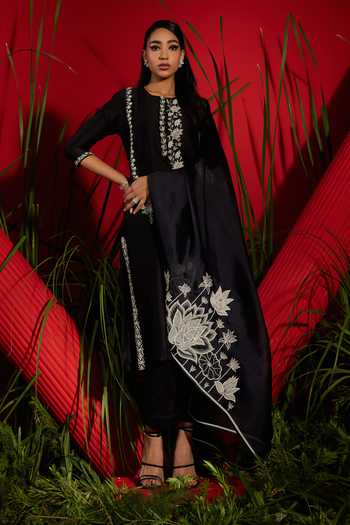 Shop_Shreeka_Black Organza, Chanderi Silk Round Neck Placement Embroidered Kurta Set _Online_at_Aza_Fashions