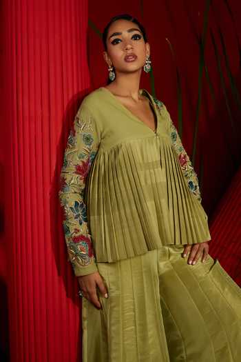 Shreeka Green Silk, Georgette, Crepe, Lycra, Bemberg Embroidered Jacket And Sharara Set Online at Aza Fashions Shreeka_Green Silk, Georgette, Crepe, Lycra, Bemberg Embroidered Jacket And Sharara Set _Online_at_Aza_Fashions