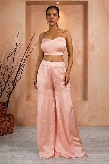 Buy_Shreeka_Pink Organza, Crepe, Satin, Viscose Open Neck, Embroidered Jacket Palazzo Set _Online_at_Aza_Fashions