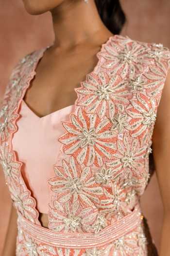 Shop_Shreeka_Pink Organza, Crepe, Satin, Viscose Open Neck, Embroidered Jacket Palazzo Set _Online_at_Aza_Fashions