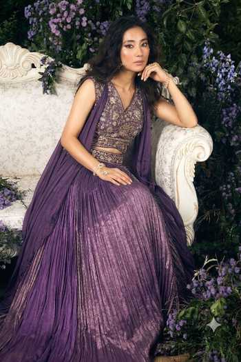 Shreeka_Purple Chanderi, Crepe, Tissue V-neck Embroidered Waistcoat With Skirt _Online_at_Aza_Fashions