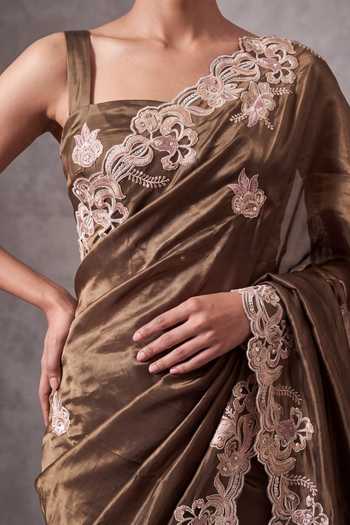 Shop Two Sisters By Gyans Brown Organza Embroidered Saree With Unstitched Blouse Fabric Online at Aza Fashions Shop_Two Sisters By Gyans_Brown Organza Embroidered Saree With Unstitched Blouse Fabric _Online_at_Aza_Fashions