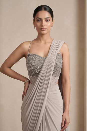 Two Sisters By Gyans_Grey Lycra Sweetheart Neck Pleated Pre-draped Saree With Embroidered Blouse _Online_at_Aza_Fashions