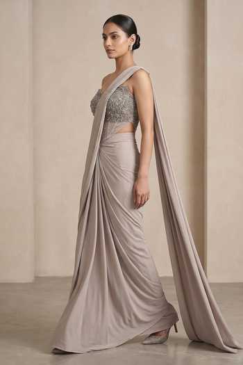 Buy_Two Sisters By Gyans_Grey Lycra Sweetheart Neck Pleated Pre-draped Saree With Embroidered Blouse _Online_at_Aza_Fashions