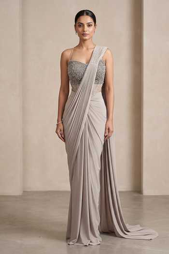 Shop_Two Sisters By Gyans_Grey Lycra Sweetheart Neck Pleated Pre-draped Saree With Embroidered Blouse _Online_at_Aza_Fashions