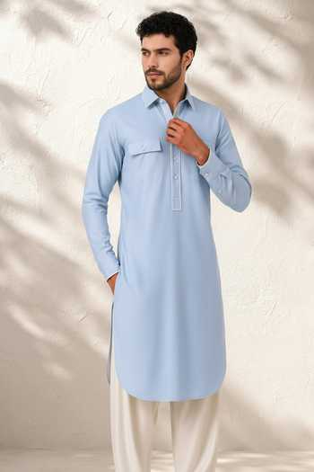 Buy_Bubber Couture_Blue Silk, Cotton Nivaan Pathani Kurta Set _Online_at_Aza_Fashions