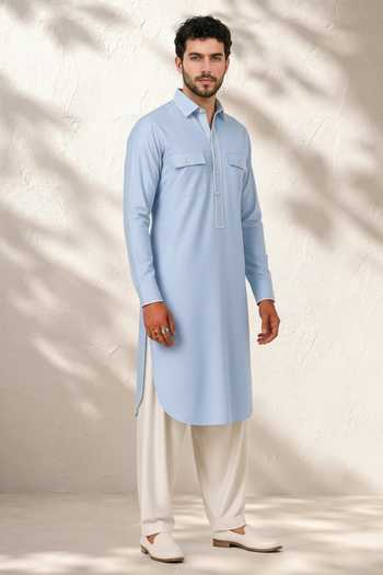 Shop_Bubber Couture_Blue Silk, Cotton Nivaan Pathani Kurta Set _Online_at_Aza_Fashions
