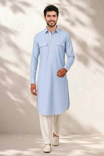 Bubber Couture_Blue Silk, Cotton Nivaan Pathani Kurta Set _at_Aza_Fashions