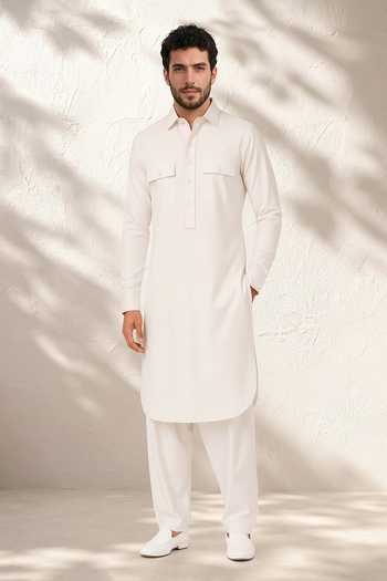Bubber Couture_Off White Silk, Cotton Adhiraj Kurta And Salwar Set _Online_at_Aza_Fashions