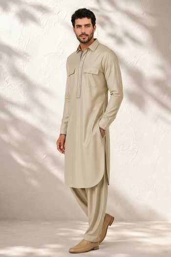 Shop Bubber Couture Beige Silk, Cotton Veeraj Plain Kurta Set Online at Aza Fashions Shop_Bubber Couture_Beige Silk, Cotton Veeraj Plain Kurta Set _Online_at_Aza_Fashions